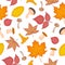 Bright autumn seamless pattern with the image of ripe edible mushrooms of various shapes and yellowed autumn leaves of