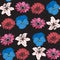 Bright backdrop with hand drawn flowers on a black background. Various buds. Lily, daisy, pansies. Floral seamless pattern.