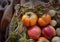 bright background. basket with apples, nuts and persimmons. beautiful background texture. juicy fruits. vitamins