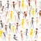 Bright background with painted human figures. Seamless pattern People Move.