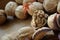 bright background. walnuts on a wooden table, beautiful walnut texture. healthy food