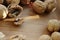 bright background. walnuts on a wooden table, beautiful walnut texture. healthy food