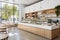 Bright bakery interior, sleek counters, ambient lighting, wooden accents