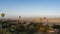 Bright balloons over Luxor. Village houses, palm trees, green vegetation are visible below