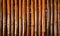 Bright bamboo background. Bamboo trunks photo. Rustic wooden screen. Brown bamboo decorative wall.