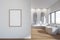 Bright bathroom interior with empty white poster, two sinks, bathtub