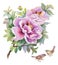 Bright beautiful floral illustration, fairytale flowers and birds on white background.