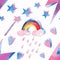 Bright beautiful lovely cute fairy magical colorful pattern of magic elements: lightning, rainbow, magic wand, hearts, stars water