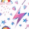 Bright beautiful lovely cute fairy magical colorful pattern of magic elements: lightning, rainbow, magic wand, hearts, stars water