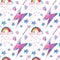 Bright beautiful lovely cute fairy magical colorful pattern of magic elements: lightning, rainbow, magic wand, hearts, stars water