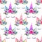 Bright beautiful spring lovely cute fairy magical colorful pattern of unicorns with eyelashes in the floral tender crown