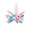 Bright beautiful spring lovely cute fairy magical colorful pattern of unicorns with eyelashes in the floral tender crown watercolo