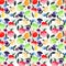 Bright beautiful summer juicy pears apples plums orange green red violet and yellow colors with green leaves pattern watercolor