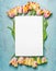Bright beautiful tulips bunch with water drops on blue background with blank white card, top view, frame, place for text, vertical