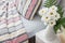 Bright bedroom decorated with white flowers