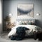 Bright bedroom with winter landscape painting, wood floors, and throw rug - generative AI