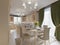 Bright beige luxury dining room with elegant classic furniture and olive wall and curtain