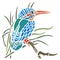 Bright bird Kingfisher sits in the reeds, silhouette drawn by various lines in a flat style. Tattoo bird, apparel design emblem