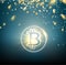 Bright bitcoin symbol and golden confetti falls over blue background.