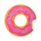 Bright bitten doughnut with pink glaze. No diet day symbol, unhealthy food, sweet fastfood, sugar snack, extra calories concept.