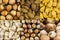 Bright blocks many grains of nuts almond brown untreated hazelnut whole coconut set of various snacks base design web base menu