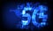 Bright blue 5G icon on dark blue map background some Elements of this image furnished by NASA