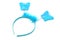 Bright blue children`s headband for girl with butterflies on springs and decorated with feathers isolated on white