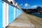 Bright blue doors on a boat garage at Wellington harbor, New Zealand