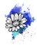 A bright blue formless watercolor blot. Ink daisy flower line graphic sketch