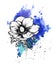 A bright blue formless watercolor blot. Ink poppy flower line graphic sketch