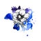 A bright blue formless watercolor blot. Poppy ink flower line graphic