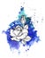 A bright blue formless watercolor blot. Rose ink flower line graphic