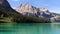 Bright blue glacial waters off Emerald Lake on a sunny day, Alberta, Canada.