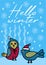 Bright blue Hello Winter illustration with two hand-drawn birds in hats on a background of snowflakes. Simple flat vector cartoon