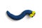 Bright blue plasticine worm with big yellow eyes, isolated on the white background.