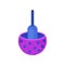 Bright blue-purple plastic humming top with polka dot pattern. Vintage spinning top. Children toy. Flat vector icon