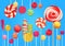 Bright blue sugar background with bright colorful lollipops candy sweets. Candy shop. Sweet color lollipop