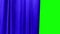 A bright blue theatrical curtain moves apart to the left side behind it is a green background