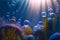 Bright blue underwater landscape with bright sun rays plankton algae and air bubbles.