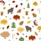 Bright boar family seamless pattern. Vector illustration has leaves, acorns, maple, pumpkin, mushrooms, trees, berries, boar