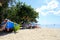 The bright boat with view on the beach.