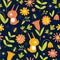 Bright botanical pattern with rabbits. Easter background. Flowers, plants, foliage, glade.