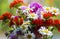 Bright bouquet of wild flowers with white daisies and red Campion on a green background. Close up. Red Maltese cross in the