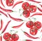 Bright branch tomatoes with chili peppers pattern watercolor sketch hand