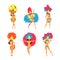 Bright Brazilian Female Samba Dancer Posing in Feathered Costume Vector Set