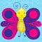 Bright butterfly on the blue background. Smile of happy animal for kids and baby.