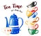 Bright card with many tea cups and a blue teapot in cartoon style. Tea time. Vector illustration