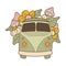 Bright cartoon camping RV trailer and car. Travel car with flowers, leaves and mushrooms. Travel, vacation. Vector