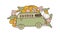 Bright cartoon camping RV trailer and car. Travel car with flowers, leaves and mushrooms. Travel, vacation. Vector