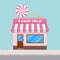 Bright cartoon candy store with a canopy, flat style.